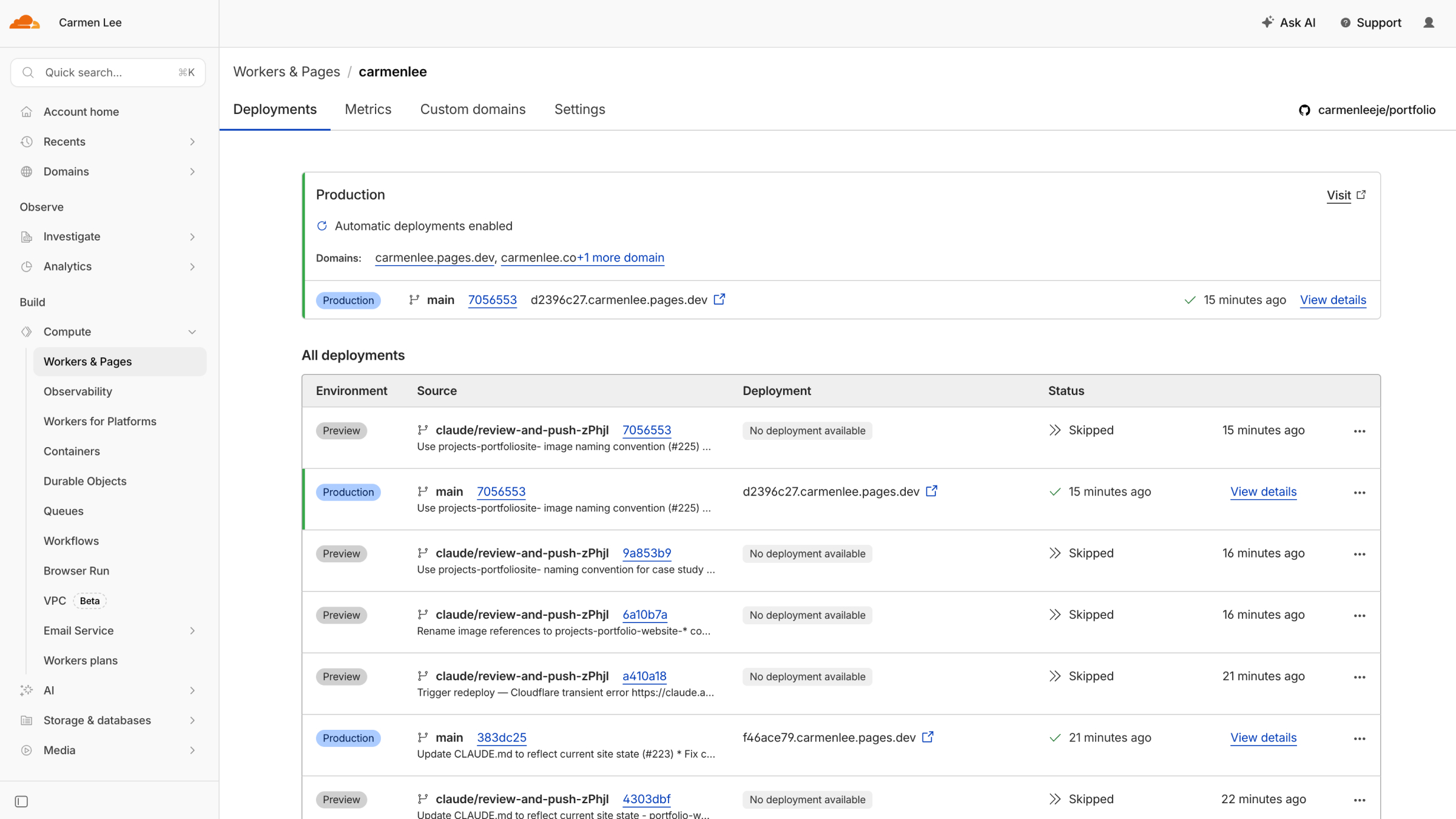 Cloudflare Pages dashboard
